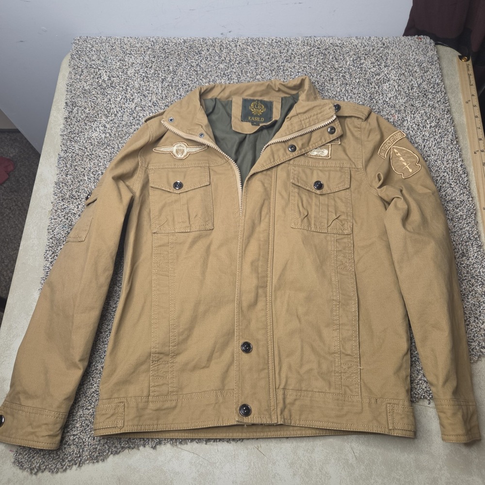 Kasild Mens Tan‎ Military Field Jacket Airborne Paratrooper Patches Khaki Size M